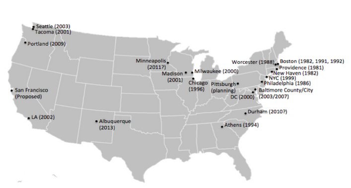 Map showing locations of CLTs involved in urban agriculture.